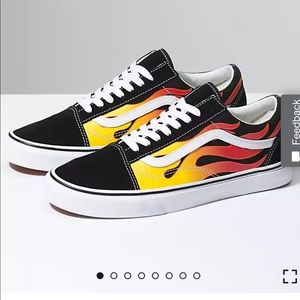 (Flame) Black, red,and white vans in Men 5.0 and Women 6.5 US